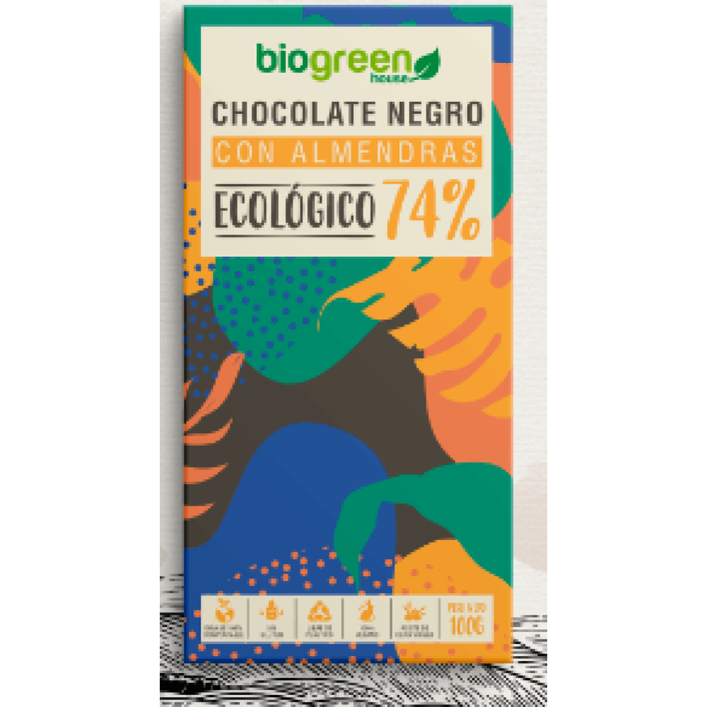 Tableta Chocolate Negro 74% Ecológico 100 Gr Almendra Comida Fitness