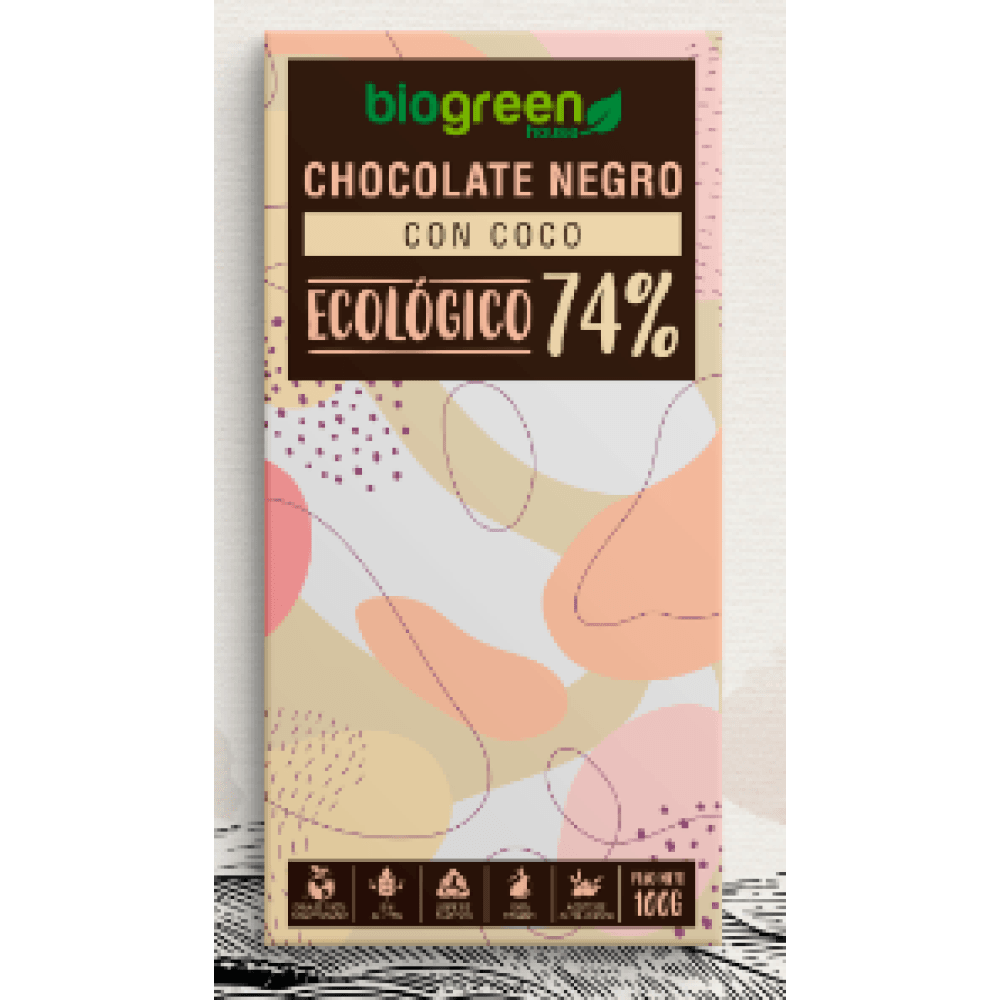 Tableta Chocolate Negro 74% Ecológico 100 Gr Coco Comida Fitness