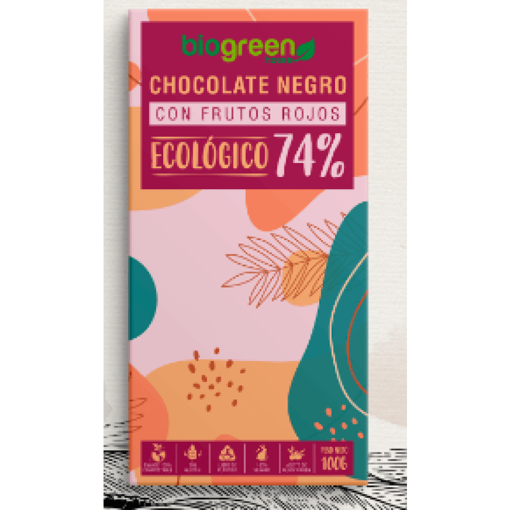 Tableta Chocolate Negro 74% Ecológico 100 Gr Frutos Rojos Comida Fitness