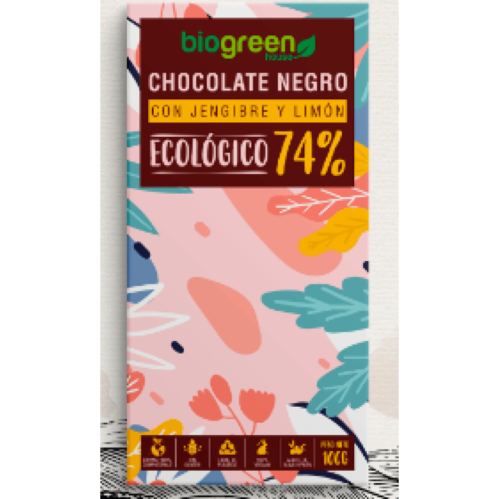 Tableta Chocolate Negro 74% Ecológico 100 Gr Jengibre - Limón Comida Fitness