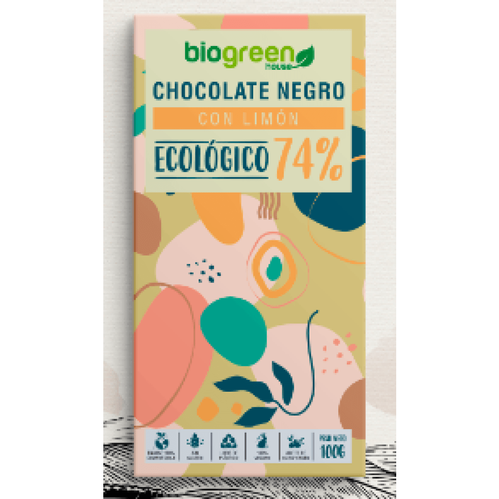Tableta Chocolate Negro 74% Ecológico 100 Gr Limón Comida Fitness