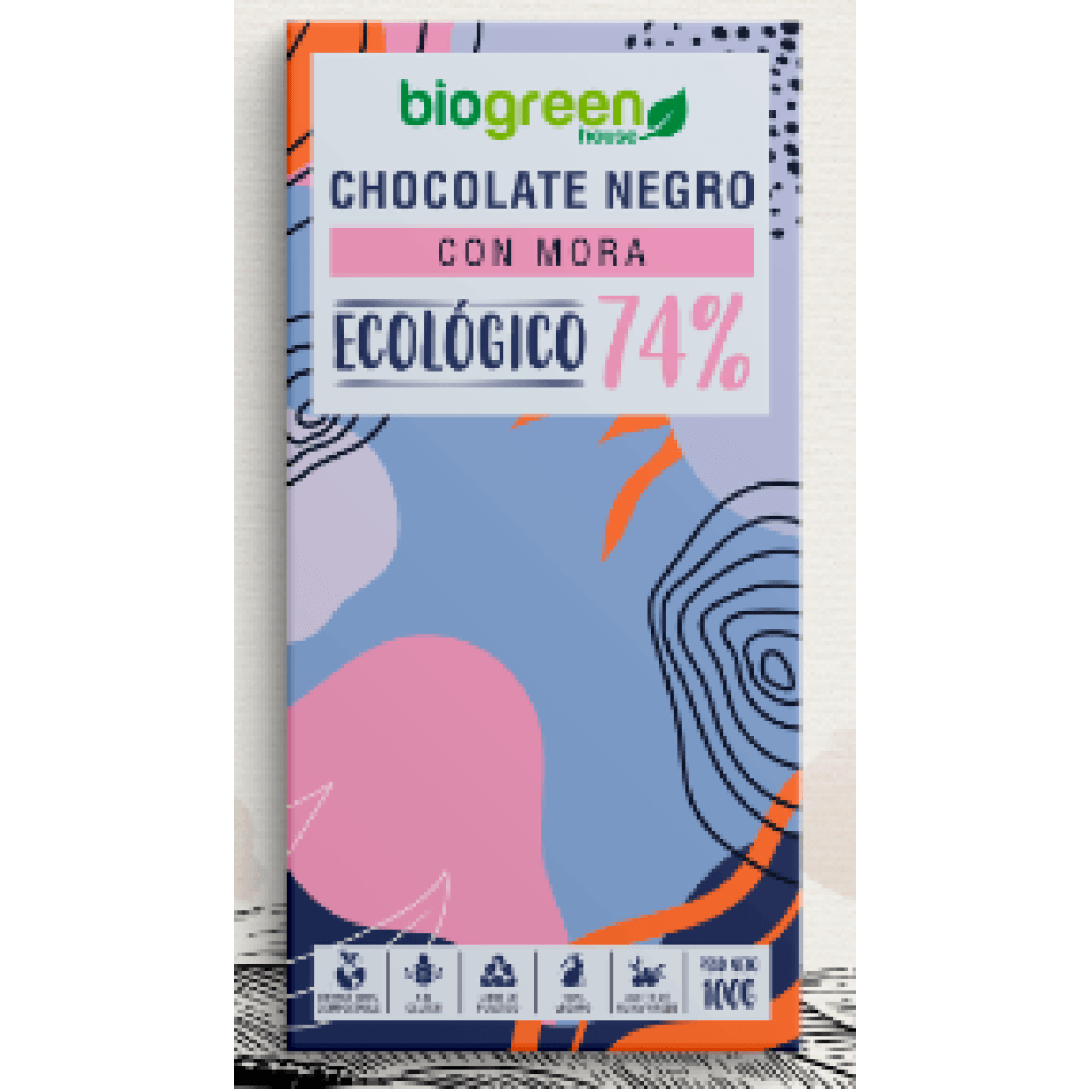 Tableta Chocolate Negro 74% Ecológico 100 Gr Mora Comida Fitness