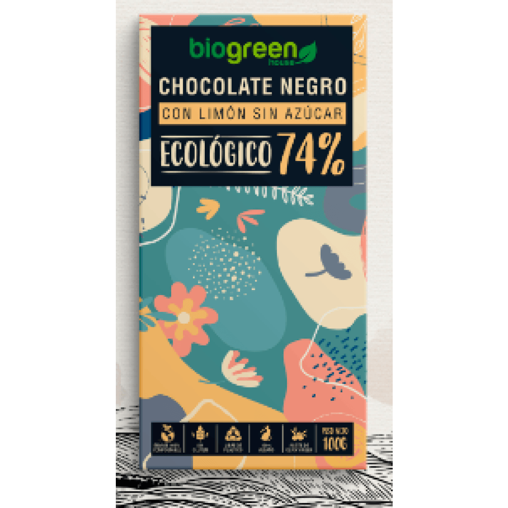 Tableta Chocolate Negro 74% Ecológico Sin Azúcar 100 Gr Naranja Comida Fitness